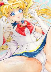  1girl absurdres bishoujo_senshi_sailor_moon bishoujo_senshi_sailor_moon_supers blonde_hair blue_eyes blue_sailor_collar blush bow brooch choker circlet crescent crescent_earrings crisis_moon_compact double_bun earrings elbow_gloves gloves hair_bun hair_ornament heart heart_brooch heart_choker highres jewelry long_hair magical_girl marker_(medium) multicolored_skirt panties pantyshot red_bow sailor_collar sailor_moon sailor_senshi_uniform shirt skirt super_sailor_moon traditional_media tsukino_usagi twintails underwear very_long_hair white_gloves white_panties white_shirt yanaginosita yellow_choker 