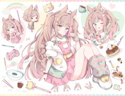  &gt;_&lt; 1girl ;d absurdres animal_ear_fluff animal_ears blush borrowed_character bowl cake cat_ears cat_girl cat_tail checkerboard_cookie chibi chopsticks closed_eyes closed_mouth commentary commission cookie cup dress food fork full_body green_eyes green_socks hand_up highres jacket knife looking_at_viewer multiple_views one_eye_closed open_clothes open_jacket open_mouth original pink_dress pink_socks plate shoes short-sleeved_jacket short_sleeves skeb_commission smile socks striped_clothes striped_socks tail tsukiyo_(skymint) wand white_jacket white_shoes 