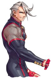  1boy absurdres black_bodysuit black_eyes blonde_hair bodysuit buttons detached_sleeves edaki_shin&#039;ya evil_grin evil_smile from_side game_cg grin high_collar highres justice_gakuen kirishima_kurou male_focus mesh moero!_justice_gakuen muscular muscular_male non-web_source official_art outline red_outline short_hair simple_background sleeveless smile solo teeth veins veiny_arms white_background 
