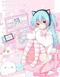  !? animal_ear_headphones animal_ears blue_hair box cat_ear_headphones chair cookie cursor desk deskmat drawing_(object) english_text error_message fake_animal_ears feet_on_chair food gaming_chair grey_eyes handheld_game_console headphones hood hooded_jacket hoodie hugging_own_legs jacket jitome kokoshira_0510 looking_at_viewer monitor nintendo_switch o_o original pastel_colors paw_sticker pill progress_bar short_twintails striped_clothes striped_thighhighs stuffed_animal stuffed_toy swivel_chair thighhighs thighs twintails twitter_username white_hoodie yume_kawaii 