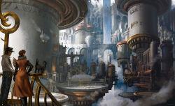  1boy 1girl aircraft black_cat black_hair black_hat blue_pants brown_hair building cat commentary_request dress fantasy hat highres machinery noba orange_dress original outdoors pants railing scenery shirt standing steampunk town water waterfall white_shirt 