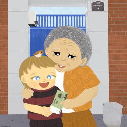  1boy 1girl bird blonde_hair grandmother_and_grandson korean_text money  rating:General score:0 user:nao10