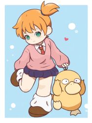1girl animal asymmetrical_hair blue_skirt blush closed_mouth collared_shirt eddie_noisehead gen_1_pokemon green_eyes heart leg_up long_sleeves looking_at_viewer misty_(pokemon) necktie nintendo orange_hair pink_sweater pleated_skirt pokemon pokemon_(anime) pokemon_(classic_anime) ponytail psyduck red_necktie school_uniform shirt shoes short_hair side_ponytail skirt sleeves_past_wrists smile socks solo standing standing_on_one_leg sweater white_shirt white_socks