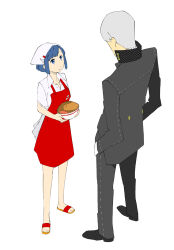  1boy 1girl apron black_jacket black_pants black_shoes blue_eyes blue_hair collared_dress commentary_request dress food grey_hair hei_jin height_difference highres jacket long_sleeves looking_at_another looking_up nakamura_aika narukami_yu pants persona persona_4 persona_4_the_animation red_apron sandals school_uniform shoes short_hair short_sleeves simple_background white_background white_dress yasogami_school_uniform 