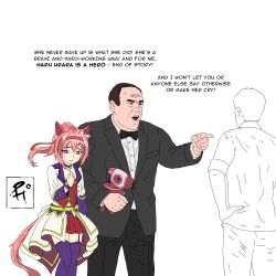  1girl 2boys animal_ears black_bow black_bowtie black_pants black_suit bow bowtie brown_hair commentary dress_pants english_commentary english_text formal_clothes haru_urara_(umamusume) headband horse_ears horse_girl horse_tail jacket long_hair multiple_boys pants pequodv pink_hair pointing pointing_at_another purple_eyes purple_thighhighs red_headband red_skirt red_vest shirt short_hair showgirl_skirt skirt suit suit_jacket tail the_sopranos thighhighs tony_soprano umamusume very_short_hair vest white_jacket white_shirt white_skirt 