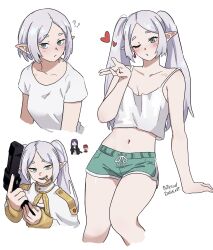  1girl absurdres blowing_kiss bob_cut breasts collarbone dashi_(dashiart) desert_eagle elf fern_(sousou_no_frieren) frieren gun handgun heart highres holding holding_gun holding_weapon multiple_views navel one_eye_closed parted_bangs patreon_username pointy_ears shirt short_hair sidelocks small_breasts sousou_no_frieren stark_(sousou_no_frieren) upper_body weapon white_background white_hair white_shirt 