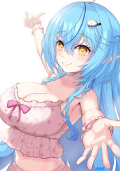  1girl absurdres ahoge blue_hair breasts camisole character_hair_ornament cleavage closed_mouth colored_tips crossed_bangs daifuku_(yukihana_lamy) double-parted_bangs frilled_camisole frilled_skirt frills hair_between_eyes hair_ornament hairclip heart heart_ahoge highres hololive large_breasts long_hair looking_at_viewer messy_hair midriff miniskirt_pirates multicolored_hair nail_polish navel offering_hand official_alternate_costume official_alternate_hairstyle pink_nails pointy_ears polka_dot polka_dot_camisole polka_dot_skirt reaching reaching_towards_viewer reiwa_rerere simple_background skirt sleepwear smile solo streaked_hair very_long_hair virtual_youtuber white_background white_camisole white_skirt wrist_cuffs yellow_eyes yukihana_lamy yukihana_lamy_(loungewear) 
