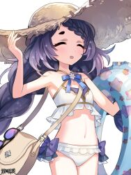  1girl bag bikini black_hair bow braid closed_eyes copyright_name dairoku_ryouhei facing_viewer fille_meruku flat_chest frilled_bikini frills handbag hat holding holding_swim_ring innertube long_hair navel purple_bow smile solo standing straw_hat sun_hat sunglasses swim_ring swimsuit takase_ao unworn_eyewear very_long_hair white_background white_bikini 