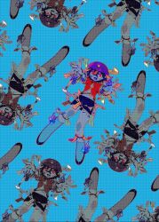  1girl black_hair black_skirt blue_background colored_skin commentary_request flat_chest full_body grey_skin hat hat_ornament highres jiangshi looking_at_viewer miniskirt miyako_yoshika multiple_views navel newsboy_cap ofuda open_mouth outstretched_arms purple_hat red_eyes red_shirt shirt short_sleeves simple_background skirt smile star_(symbol) star_hat_ornament touhou yamazaki_tsukune zombie_pose 