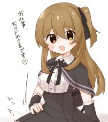  1girl :d arm_at_side assault_lily beckoning black_capelet black_ribbon black_skirt blush breasts brown_eyes brown_hair buttons capelet collared_shirt commentary detached_sleeves gradient_background grey_background hair_between_eyes hair_ribbon hand_on_lap heart heterochromia high-waist_skirt highres kuo_shenlin lap_pillow_invitation long_hair looking_at_viewer medium_breasts motion_lines neck_ribbon one_side_up open_mouth ribbon school_uniform shirt short_sleeves sitting skirt smile solo spoken_heart suspender_skirt suspenders symbol-only_commentary translated upper_body white_background white_shirt yellow_eyes yubari_lemon_(lemonlilie) yurigaoka_girls_academy_school_uniform 
