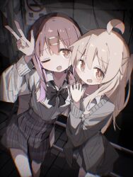  2girls 2mai84 :d ;d ahoge alternate_costume bare_legs black_bow black_bowtie blonde_hair bow bowtie brown_eyes brown_hair commentary grey_jacket gyaru hair_between_eyes hair_ornament hairclip hashtag-only_commentary highres jacket long_hair long_sleeves looking_at_viewer low_twintails multicolored_hair multiple_girls no_smoking one_eye_closed onii-chan_wa_oshimai! open_mouth oyama_mahiro oyama_mihari purple_hair shirt siblings sisters smile twintails two-tone_hair w white_shirt 