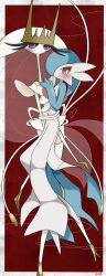  alternate_color antenna_hair blue_hair blue_skin blush bob_cut colored_skin dress gardevoir gen_3_pokemon gen_7_pokemon heart highres inb795 multicolored_skin nintendo orange_eyes pheromosa pokemon pokemon_(creature) purple_eyes red_background shiny_pokemon signature two-tone_skin ultra_beast white_dress white_skin 