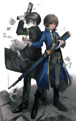  1boy 1girl animal_print armband back-to-back bags_under_eyes black_boots black_coat black_eyes black_hair blood blood_on_hands blue_coat boots broken brown_eyes brown_hair bug butterfly coat coffin crumbling e.g.o_(project_moon) full_body gloves green_armband gun hand_up handgun highres holding holding_coffin holding_gun holding_smoking_pipe holding_weapon insect kinugasa0400 kuroshitsuji limbus_company looking_at_viewer magic_bullet_(e.g.o) outis_(project_moon) project_moon red_armband rifle short_hair smoking smoking_pipe sniper_rifle solemn_lament_(e.g.o) standing tile_floor tiles weapon white_butterfly white_gloves yi_sang_(project_moon) 