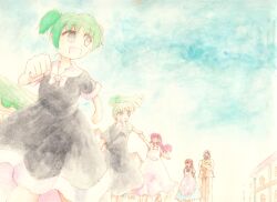  1boy 4girls apron arms_behind_back bad_source black_dress business_suit cloud collar crossed_arms cyborg dress erich_(seihou) facial_hair formal_clothes green_hair highres house kitsudzu mai_(seihou) maid_apron maid_headdress mei_(seihou) multiple_girls mustache open_mouth ponytail red_hair running seihou short_twintails sky suit twintails vivit vivit_(erich&#039;s_daughter) white_collar white_dress white_hair 