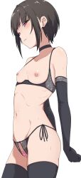 1girl absurdres bare_shoulders black_bra black_choker black_gloves black_hair black_panties black_ribbon blunt_bangs blush bra choker collarbone cowboy_shot crotchless crotchless_panties cupless_bra elbow_gloves gloves highres idolmaster idolmaster_cinderella_girls navel nipple_piercing nipples panties piercing purple_eyes ribbon shirayuki_chiyo short_hair side-tie_panties simple_background solo tantei001 underwear underwear_only white_background rating:Explicit score:69 user:danbooru