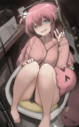 1girl ass barefoot black_skirt blue_eyes bocchi_the_rock! cube_hair_ornament electric_guitar feet_out_of_frame genek gotoh_hitori guitar hair_ornament headphones high_collar highres indoors instrument jacket long_hair long_sleeves microphone_stand miniskirt open_mouth pink_hair pink_jacket pleated_skirt sitting skirt solo sweat thighs v rating:Sensitive score:28 user:danbooru