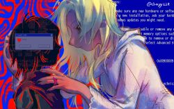  1girl 1other abstract blonde_hair blue_screen_of_death chayy228 deer_girl deltarune english_text from_side highres hood hood_down hooded_robe jewelry kris_(deltarune) noelle_holiday parted_lips red_eyes ring robe twitter_username white_robe window_(computing) 