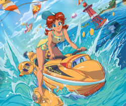  baseball_cap brown_hair full_body funky_dorrie happy hat highres jet_ski mario_(series) mario_kart mario_kart_world motor_vehicle navel nintendo non-web_source princess_daisy princess_daisy_(swimwear)_(mario_kart_world) water watercraft waves 