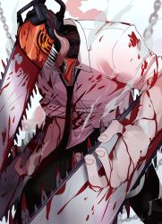  0lightsource 1boy absurdres black_necktie black_pants blood blood_on_clothes bloody_weapon chain chainsaw chainsaw_man collared_shirt denji_(chainsaw_man) highres necktie open_mouth pants sharp_teeth shirt simple_background smoke solo tagme teeth tongue tongue_out weapon white_background white_shirt  rating:General score:13 user:Ahegao_lmao