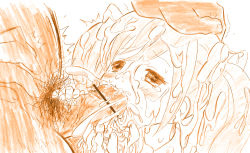  1boy 1girl bar_censor blush bow censored cum cum_in_mouth cum_on_body eyebrows facial fatto_chinpu fellatio hair_bow hand_on_another&#039;s_head hetero kamisama_minarai:_himitsu_no_cocotama loli male_pubic_hair oral penis pubic_hair sketch tears twintails upper_body yotsuba_kokoro 