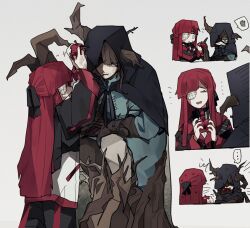  1boy 1girl apple black_bow black_cape black_hood blue_shirt blunt_ends bow brown_hair cape e.g.o_(project_moon) food fruit full_body gauze gauze_over_eye gmno_6 gregor_(project_moon) grey_eyes hair_bow lantern_(e.g.o) limbus_company long_hair long_sleeves mouth_hold multiple_views pants plant_horns plant_roots project_moon red_hair shirt simple_background stalk_in_mouth very_long_hair white_background white_pants wooden_arm yuri_(project_moon) 