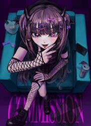  1girl absurdres black_boots black_horns black_nails black_shirt black_sleeves black_thighhighs blunt_bangs boots bow bright_pupils can cellphone chair checkered_clothes checkered_floor checkered_vest commentary_request commission crossed_legs detached_sleeves drink_can eyelashes fangs fangs_out fishnet_sleeves fishnet_thighhighs fishnets from_above full_body goth_fashion hair_bow hair_ornament hair_ribbon hair_wings hairpin hand_on_own_face heart heart_hair_ornament highres horns long_hair looking_at_viewer lui_n24 multicolored_hair notebook on_chair original phone piercing pink_hair pink_streaks purple_background purple_bow purple_eyes purple_hair purple_nails purple_ribbon purple_vest ribbon shirt sidelocks single_thighhigh sitting smartphone soda_can solo stuffed_toy thighhighs tongue tongue_out tongue_piercing two-tone_hair vampire very_long_hair vest white_pupils x_hair_ornament 