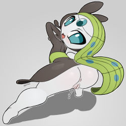  1girl anus arm_up artist_name ass blue_eyes blush female_focus from_behind full_body gen_5_pokemon green_hair grey_background kaitoh legendary_pokemon long_hair looking_at_viewer looking_back looking_to_the_side meloetta meloetta_(aria) mythical_pokemon nintendo no_humans open_mouth pokemon pokemon_(creature) pussy pussy_juice signature simple_background smile solo spread_legs squatting text_focus uncensored 