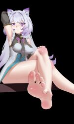  1girl arm_behind_head bare_shoulders barefoot black_background black_sleeves bottomless breasts club_(shape) club_tattoo crossed_legs detached_sleeves dress duel_monster facial_tattoo highres invisible_chair large_breasts maliss_&lt;p&gt;_chessy_cat medium_hair purple_hair rare_lemon simple_background sitting solo tattoo white_dress yu-gi-oh! 