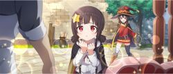  1other 2girls bandaged_leg bandages belt belt_buckle black_cloak black_gloves black_hat black_thighhighs boots brick_wall brown_belt brown_boots brown_hair buckle child clenched_hands cloak collared_shirt day dress dress_shirt fingerless_gloves food furrowed_brow game_cg gloves hair_ornament hair_tie hairpin hand_to_own_mouth hands_up hat highres komekko kono_subarashii_sekai_ni_shukufuku_wo! konosuba!_fantastic_days light_blush light_rays long_sleeves looking_at_another meat megumin multiple_girls official_art open_mouth outdoors parted_lips patchwork_clothes red_dress red_eyes red_ribbon ribbon road shirt short_dress short_hair short_hair_with_long_locks short_twintails siblings sidelocks single_thighhigh sisters skirt sparkle standing star_(symbol) star_hair_ornament street sunbeam sunlight suspender_skirt suspenders thighhighs twintails white_shirt witch_hat zettai_ryouiki 