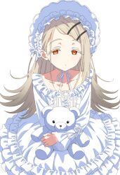 1girl alternate_costume blush bonnet brown_hair collarbone colored_eyelashes commentary_request dress flipped_hair frilled_dress frills gakuen_idolmaster highres hugging_doll hugging_object idolmaster lolita_fashion long_hair long_sleeves looking_at_viewer nekokawa_isugi orange_eyes shinosawa_hiro simple_background solo stuffed_animal stuffed_toy teddy_bear too_many too_many_frills very_long_hair white_background white_bonnet white_dress 