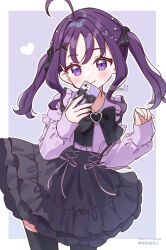 1girl ahoge alternate_costume artist_name black_bow black_bowtie black_skirt black_thighhighs border bow bowtie cellphone closed_mouth cowboy_shot curly_sidelocks fingernails frilled_skirt frilled_sleeves frills hair_bow hair_intakes hair_ornament hands_up heart heart_hair_ornament high-waist_skirt highres hiiragi_syuu holding holding_phone jirai_kei kimi_to_idol_precure long_hair long_sleeves looking_ahead miniskirt outline phone precure purple_background purple_eyes purple_hair purple_shirt purple_theme shigure_kokoro shirt sidelocks simple_background skirt sleeves_past_wrists smartphone smile solo suspender_skirt suspenders thighhighs twintails twitter_username watermark white_border white_outline x_hair_ornament rating:General score:4 user:danbooru