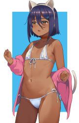  1girl animal_ears bare_shoulders bikini blue_hair choker collarbone dark-skinned_female dark_skin fake_animal_ears fake_tail fang flat_chest front-tie_bikini_top front-tie_top gluteal_fold groin hai_ookami hair_between_eyes hair_ornament hairclip jacket long_sleeves medium_hair micro_bikini midriff navel off_shoulder open_mouth original pink_jacket side-tie_bikini_bottom sidelocks simple_background sweat swimsuit tail white_bikini yellow_eyes  rating:Sensitive score:82 user:danbooru