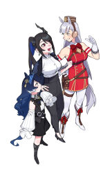  3girls :d animal_ears bag bare_shoulders black_boots black_bow black_bowtie black_hair black_pants black_shoes blue_hair boots bow bowtie breasts broken_horn commentary dasdokter detached_sleeves earrings english_commentary gloves gold_ship_(umamusume) grey_hair grin hat high_heels highres hololive hololive_english horn_hairband horns horse_ears horse_girl horse_tail jailbird_(nerissa_ravencroft) jewelry knee_boots large_breasts long_hair looking_at_another multicolored_hair multiple_girls nerissa_ravencroft open_mouth pants pantyhose personification ponytail red_bow red_bowtie red_eyes shirt shoes simple_background slit_pupils smile tail thigh_strap two-tone_hair umamusume very_long_hair virtual_youtuber white_background white_boots white_gloves white_hair white_pantyhose white_shirt 