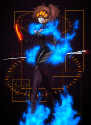  amphibia anne_boonchuy artywitch black_bodysuit blue_fire bodysuit breasts brown_hair cleavage_cutout clothing_cutout corruption corset evil_smile extra_eyes fangs fire high_heels highres holding holding_knife holding_staff knee_pads knife large_breasts long_hair ponytail smile staff visor_cap 