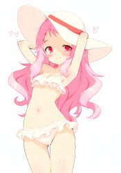  adversarial_noise anima_yell! armpits arms_up bikini breasts closed_mouth frilled_bikini frills hatoya_kohane heart highres hitorilily long_hair looking_at_viewer midriff pink_hair red_eyes simple_background small_breasts smile swimsuit thigh_gap thighs wavy_hair white_background white_bikini wide_hips 