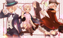 1boy angel_wings axis_powers_hetalia bad_id bad_pixiv_id black_legwear blonde_hair blush crossdressing crossdressing_(mtf) epaulettes eyebrows eyepatch feathers fishnets frilled_legwear frills garter_belt garter_straps gloves green_eyes habit hat high_heels male_focus nun nurse nurse_cap shoes skirt star_(symbol) thighhighs tongue tongue_out top_hat trap united_kingdom_(hetalia) wand white_legwear wings rating:Sensitive score:19 user:danbooru