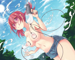 1girl :q blush breasts day female_focus glass gym_leader holding lactation large_breasts milk milk_gun milking_machine navel nintendo nipples pink_eyes pokemon projectile_lactation red_hair short_shorts shorts sky solo tongue tongue_out topless_female twintails water_gun whitney_(pokemon) yuki_usagi_(snowcanvas) rating:Questionable score:198 user:danbooru