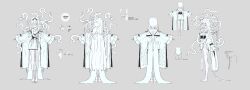  1girl absurdly_long_hair absurdres body_piercings breasts bukurote character_request cleavage commentary_request concept_art criss-cross_ribbon dress ear_ornament eyepatch full_body grey_eyes hair_flowing_over hair_ribbon highres long_hair multiple_views off-shoulder_dress off_shoulder one_eye_covered original ribbon side_slit simple_background snake translation_request very_long_hair white_background white_dress white_hair white_ribbon white_snake wide_sleeves 