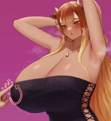  1girl animal_ears areola_slip armpits arms_up bare_shoulders bell black_dress blonde_hair blush breasts chestnut_mouth cleavage collarbone cow_ears cow_girl cow_horns cowbell dark-skinned_female dark_skin dot_nose dress female_focus gradient_hair green_eyes gyaru heart heart-shaped_pupils highres horns huge_breasts in_heat jewelry long_hair mil_k_vanilla multicolored_hair necklace nipples original pulling_at_clothes purple_background red_hair shiny_skin sidelocks simple_background solo steam steaming_body sweat symbol-shaped_pupils two-tone_hair upper_body  rating:Questionable score:79 user:Bob_Toronja