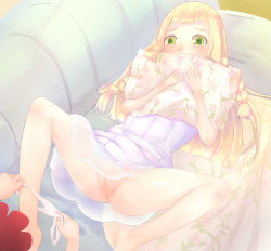  10s 2girls anus blonde_hair blunt_bangs blush braid cleft_of_venus couch covering_own_mouth dress feet highres lillie_(pokemon) long_hair lying multiple_girls nintendo on_back panties panty_pull pillow pokemon pokemon_(anime) pokemon_sm pokemon_sm_(anime) print_pillow pussy selene_(pokemon) solo_focus spread_legs stain twin_braids uncensored underwear white_dress white_panties yellow_eyes yuno_(mioalice) yuri  rating:Explicit score:107 user:Domestic_Importer