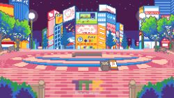  bench billboard building city cityscape highres night no_humans original park pixel_art scenery tomoruka_mr tree 