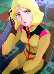  blonde_hair blue_eyes cockpit female_focus gundam mai_(b9035796) mecha_pilot_suit mobile_suit_gundam sayla_mass solo  rating:General score:2 user:Bubcus93