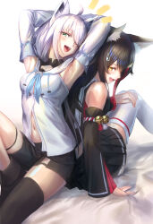  2girls absurdres ahoge animal_ear_fluff animal_ears aqua_neckerchief armpits arms_behind_head bell black_boots black_hair black_serafuku black_skirt black_thighhighs blush boots braid breasts detached_sleeves fox_ears fox_girl green_eyes hair_between_eyes highres hololive long_hair long_sleeves looking_at_another medium_breasts multiple_girls navel neckerchief one_eye_closed ookami_mio ookami_mio_(1st_costume) open_mouth orange_eyes pleated_skirt qdx4p red_hair school_uniform serafuku shirakami_fubuki shirakami_fubuki_(1st_costume) shirt short_shorts shorts simple_background skirt sleeveless sleeveless_shirt smile stomach thigh_strap thighhighs virtual_youtuber white_background white_shirt white_thighhighs wolf_ears wolf_girl 