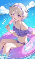  1girl :d alternate_costume alternate_hairstyle bikini blonde_hair blue_sky cloud commentary day detached_sleeves english_commentary food frilled_bikini frills hair_ornament hair_rings hairband hairclip highleg highleg_bikini highres holding holding_food holding_popsicle hololive hololive_dev_is innertube looking_at_viewer mui_maru multi-strapped_bikini_bottom multicolored_hair nail_polish navel ocean on_innertube open_mouth outdoors plaid_bikini plaid_clothes popsicle puffy_detached_sleeves puffy_short_sleeves puffy_sleeves purple_eyes purple_hair purple_hairband purple_nails short_hair short_sleeves sitting sky smile solo stomach streaked_hair swim_ring swimsuit teeth todoroki_hajime two_side_up upper_teeth_only virtual_youtuber 