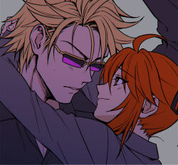  1boy 1girl ahoge blonde_hair blush closed_mouth fate/grand_order fate_(series) fujimaru_ritsuka_(female) hetero hug looking_at_another orange_hair parted_lips purple-tinted_eyewear sakata_kintoki_(fate) sakata_kintoki_(rider)_(fate) smile sunglasses sweatdrop tinted_eyewear zanshi 