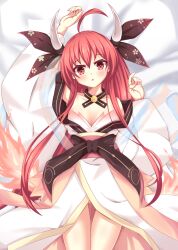 1girl ahoge arm_up bed_sheet black_bow black_choker black_sash blush bow breasts bright_pupils cherry_blossom_print cherry_enpty chestnut_mouth choker cleavage commentary_request cowboy_shot date_a_live demon_girl demon_horns eyelashes fingernails fire floral_print from_above furrowed_brow gluteal_fold hair_between_eyes hair_bow hand_up head_tilt highres horns itsuka_kotori japanese_clothes kimono long_hair long_sleeves looking_at_viewer lying no_bra off_shoulder on_back open_mouth red_eyes red_hair sash shy sidelocks small_breasts solo spiked_hair very_long_hair white_kimono white_pupils wide_sleeves rating:Sensitive score:9 user:danbooru