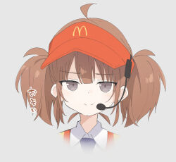  1girl ahoge brown_hair closed_mouth dot_nose grey_background grey_eyes headset imadake_dabuchi_tabemi looking_at_viewer mcdonald&#039;s portrait sechin shirt simple_background smile solo twintails visor_cap white_shirt 