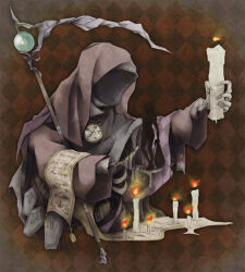  1boy andersen&#039;s_fairy_tales bag bandaged_hand bandages black_background black_cloak brown_cloak candle checkered_background cloak coffin commentary_request death_(entity) faceless fire godfather_death_(andersen) grim_reaper holding hourglass in_palm looking_at_another no32alice original red_background ribs robe scroll scythe silhouette skeletal_hand stopwatch two-tone_background watch 