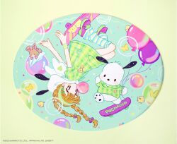  1girl animal animal_hood baby_animal balloon bird black_eyes blowing_bubble_gum blue_leg_warmers braid brown_hair bubble bug butterfly character_name chewing_gum chick clothed_animal collared_dress collared_shirt comcomblue commentary copyright_name copyright_notice dog dog_hood drawstring dress green_background green_dress green_hairband green_shirt hair_ornament hairband hairclip heart highres holding holding_balloon hood hood_down insect leg_warmers long_hair looking_at_viewer midair official_art paper_airplane pawpads pi-chan_(sanrio) plaid_clothes plaid_dress plaid_shirt pochacco puffy_short_sleeves puffy_sleeves rabbi_(sanrio) rabbit sanrio shirt short_sleeves skateboard solid_oval_eyes striped_leg_warmers twin_braids upside-down white_wings wings wristband yellow_bird yellow_butterfly 