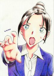  1girl artist_name bj1034_(tosashi) black_hair blue_eyes collared_shirt colored_pencil_(medium) hair_bun highres jacket long_sleeves meitantei_conan open_mouth portrait purple_jacket reaching reaching_towards_viewer shirt simple_background solo straight-on sweatdrop traditional_media uehara_yui white_background white_shirt 